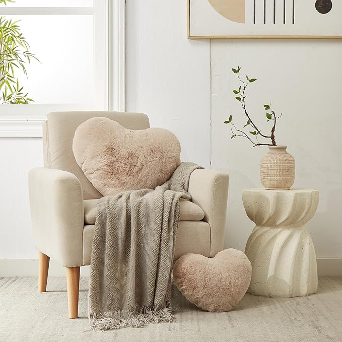 YRXRUS Heart Pillows, Love Heart Shaped Pillow, Small Cute Beige Heart Pillows for Gifts, Faux Rabbit Throw Pillows for Her, Kids, Girls Home Decoration, 10X11 Inch