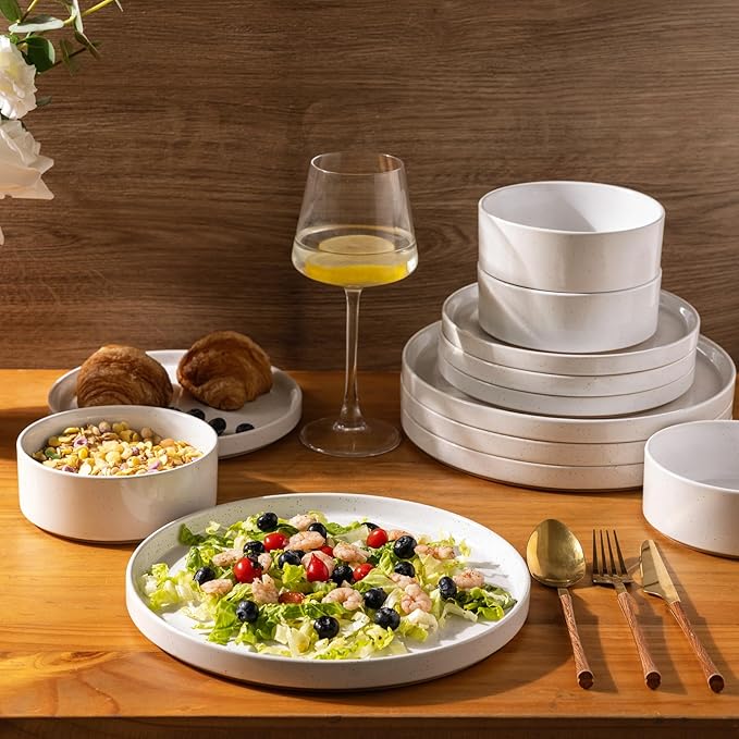 AmorArc Ceramic Dinner Plates Set of 6, 10.25 Inch Stoneware Plates for Kitchen,Modern Flat Dinnerware Dishes Set,Microwave& Dishwasher Safe, Scratch Resistant-White