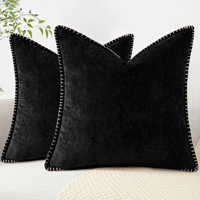 decorUhome Chenille Soft Throw Pillow Covers 26x26 Set of 2, Farmhouse Velvet Neutral Decorative Euro Pillow Covers with Stitched Edge for Couch Sofa Bed Home Decor, Black