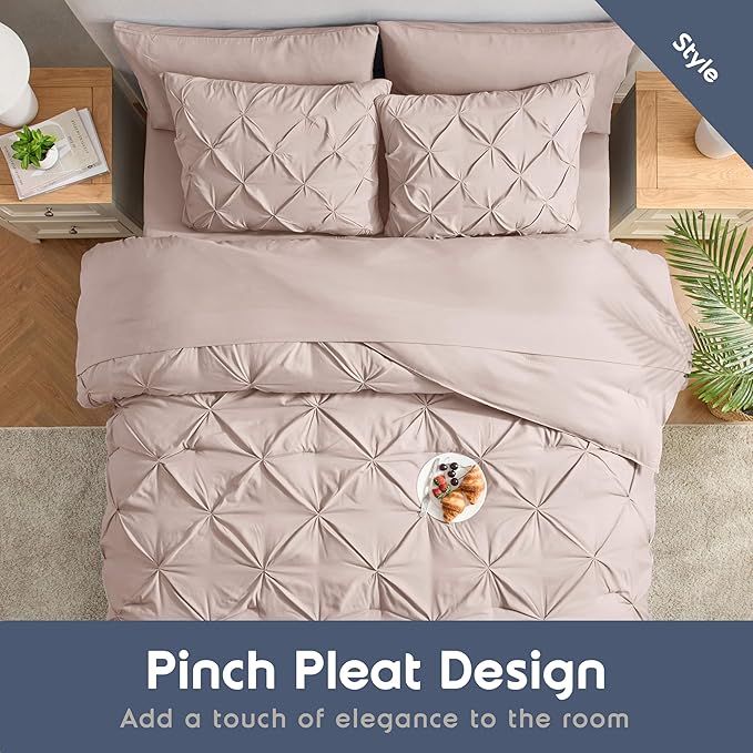 Nestl 7 Piece Comforter Set - Pinch Pleated Bedding Set in Blush Pink, All Season Full Size Bed Set With Sheets, Comforter, Pillowcases and Shams