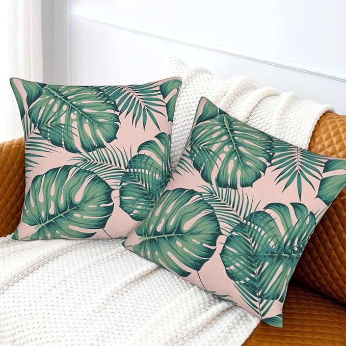 Tropical Palm Leaves Throw Pillow Covers 18x18 Inch Set of 2 Summer Green Leaf Monstera Plant Decorative Pillow Cases Modern Farmhouse Cushion Cases for Home Couch Sofa