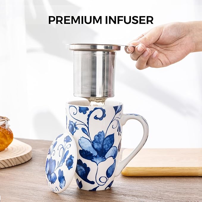 GBHOME Tea Mug with Infuser and Lid, 18 Ounce Large Ceramic Loose Leaf Cup, Microwave, Dishwasher Safe, Perfect for Tea Lovers