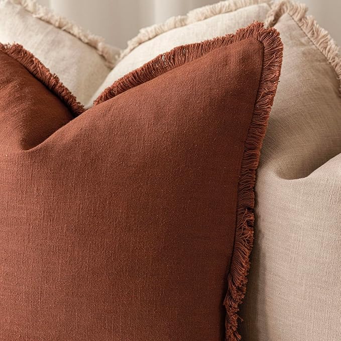 Foindtower Set of 2 Decorative Linen Fringe Throw Pillow Covers Farmhouse Cushion Cover with Tassels Soft Accent Pillowcase for Couch Chair Sofa Bed Living Room Home Decor,24×24 Inch,Fall Rust Orange