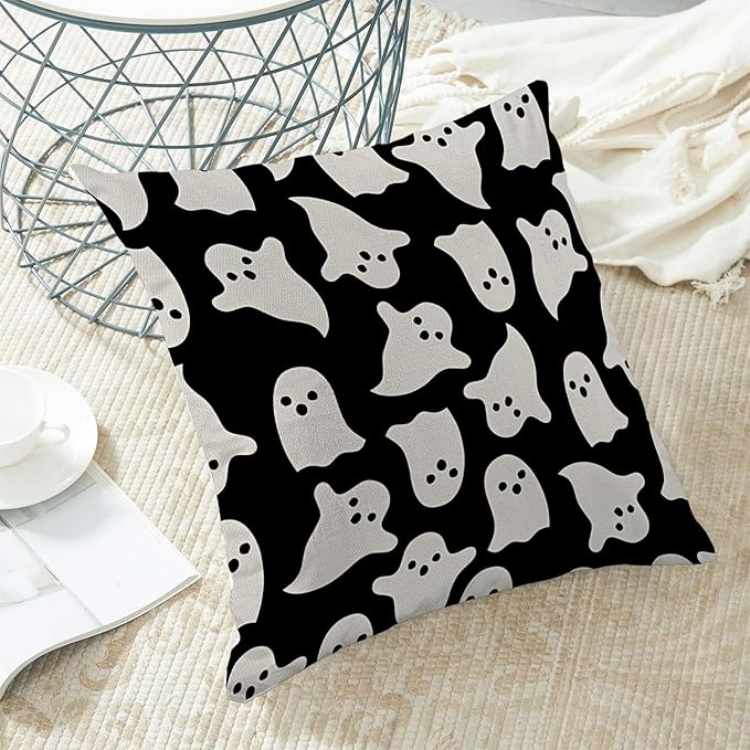 Halloween Pillow Covers 18 x 18 Inch, Black and Cream Ghost Decor Throw Pillows for Couch Bed, Halloween Outdoor Farmhouse Decorative Pillowcase Linen Cushion Cover Set of 2
