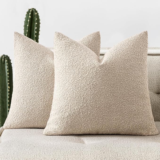 Woaboy Pack of 2 18x18 Inch Decorative Boucle Throw Pillow Covers Textured Square Pillowcaes Accent Solid Cozy Soft Cushion Covers Home Decor for Sofa Couch Living Room Home Decor,Neutral