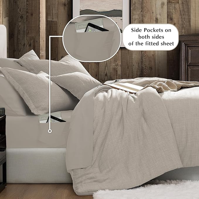 Geniospin Queen Comforter Set - 7 Pieces Comforter Queen Size, Soft Solid Bedding Set for All Season, Textured Bed in a Bag with Flat Sheet and Fitted Sheet, Pillowcases & Shams (Ivory, 90''x90'')
