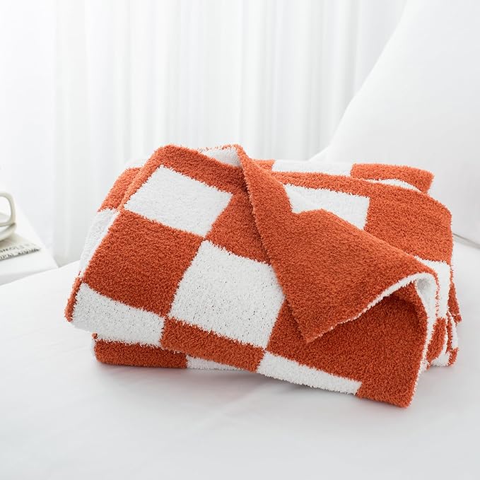 Carriediosa Checkered Throw Blanket 60" X 80" Twin, 400GSM Ultra Soft Microfiber Fuzzy Fluffy Reversible Cute Preppy Knitted Blankets Cozy Plush Fall Throws for Couch, Bed, Sofa, Rust