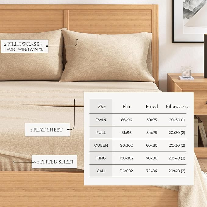 Great Bay Home Flannel Sheet Set King Size - Heathered Cotton Blend, Double-Brushed, Winter Bed Sheets - Ultra-Soft, Cozy, 4-Piece Rustic Bedding Set (Heathered Sand)