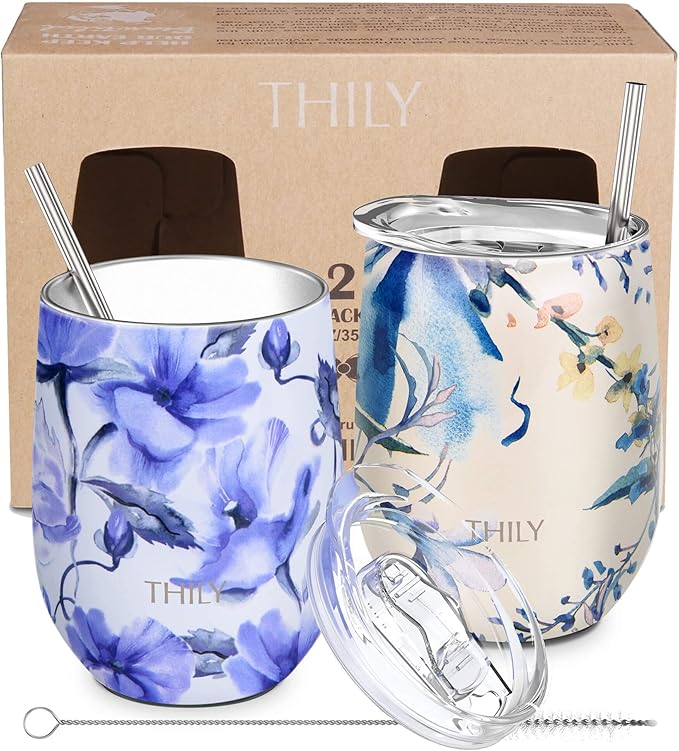 THILY Stainless Steel Insulated Wine Tumbler Stemless Wine Glass with Sliding Lid and Straw, Keep Coffee or Cocktails Cold, Cute Gifts for Women, 2 Pack(Iridaceae+Orchid)