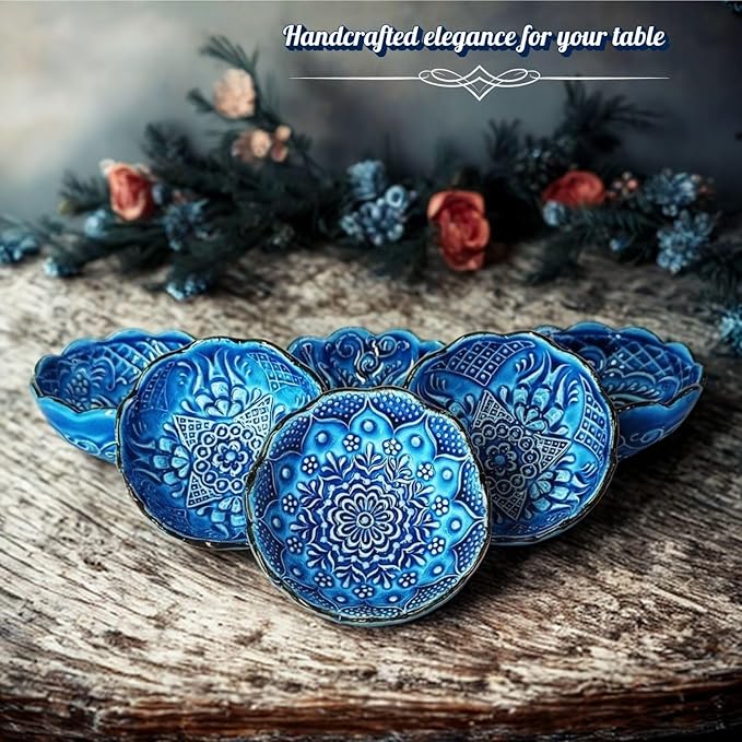 Handmade Decorative Turkish Ceramic Bowl Set of 6, Blue Pinch Bowls for Dipping&Serving - Small Versatile and Unique Charcuterie Accessories, Mini Sauce Dish, Floral Pattern Snack Bowls