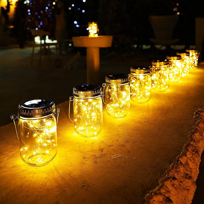 Cooo 9 Pack Solar Lanterns Outdoor Waterproof Upgraded Crystal Glass Solar Mason Jar Lights 30 LED 215% Larger SolarPanel, Anti-Rust Lid Hanging Outdoor Lanterns for Patio Garden Porch