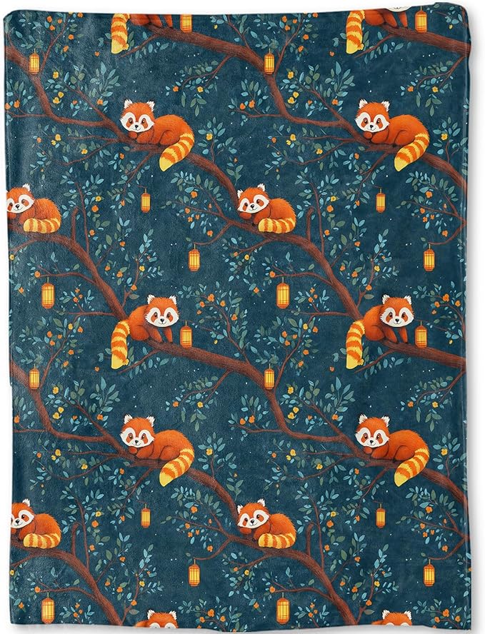 Red Panda Blanket - Cute Nighttime Tree Scene Fleece Throw,Gifts for Kids Girls Boys, Soft & Warm,Lightweight, for Modern Rustic Whimsical Decor, Animal Lovers, and Room Home Accents 60x80in