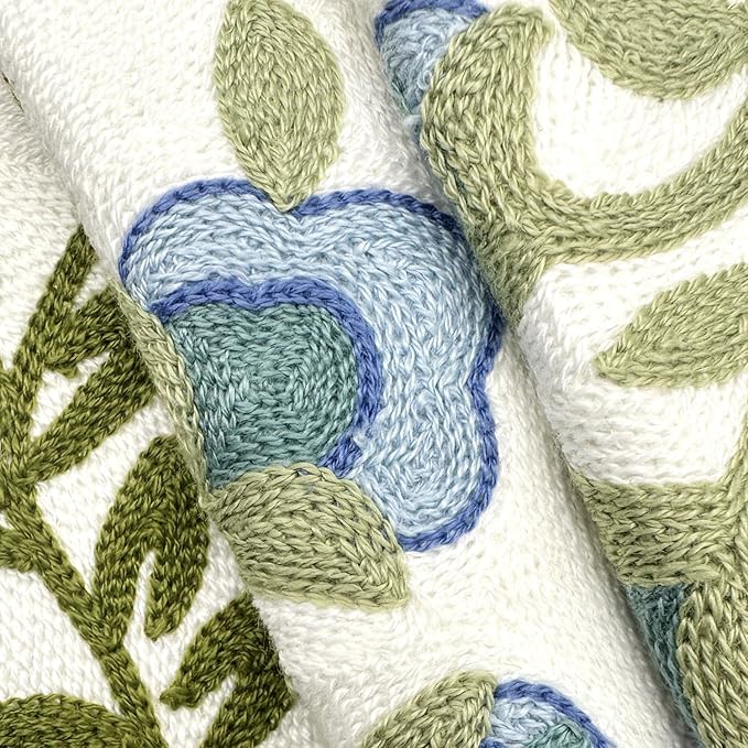 Alysheer Floral Embroidered Summer Decorative Throw Pillow Covers 18"x 18" Set of 2, Farmhouse Blue Flowers Green Vines Patterned Cotton Cushion Cases for Couch Bed Living Room Cottage Decor