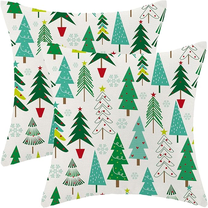 Christmas Pillow Covers 16 x 16 Inch, Colorful Sage Green Teal Christmas Tree Decor Throw Pillows for Home Couch Bed, Winter Xmas Snowflake Decorative Pillowcase Linen Cushion Cover Set of 2
