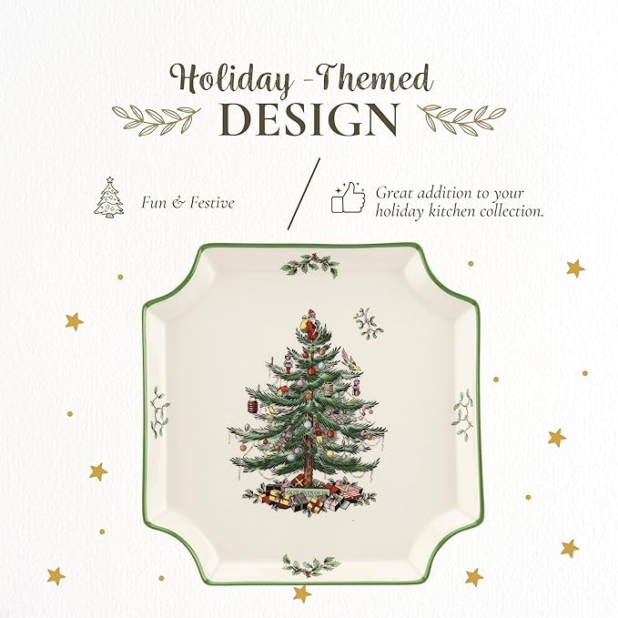 Spode Christmas Tree Canape Plate - 8" Holiday Serving Dish for Appetizers, Desserts, Treats - Fine Porcelain with Red Border, Dishwasher Safe - Ideal Christmas Tableware
