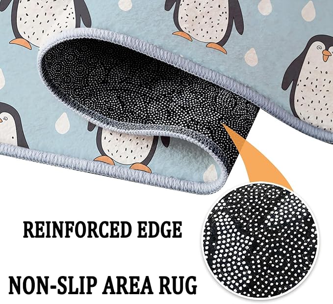 Area Rug 6x9 ft Cartoon Penguin Scandinavian Style Washable Rug for Living Room, Soft Low-Pile Floor Carpet, Non-Slip Stain Resistant Area Rugs for Bedroom Kids Nursery Home Decor