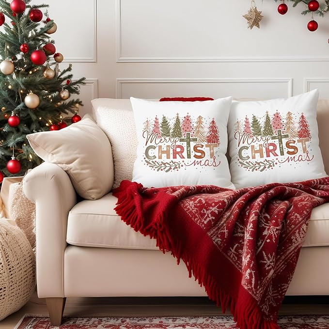 Christian Christmas Pillow Covers 18x18, Retro Christmas Trees Cross Decorative Pillow Covers for Couch, Christian Christmas Decor, Christmas Decorations for Living Room Bedroom Home