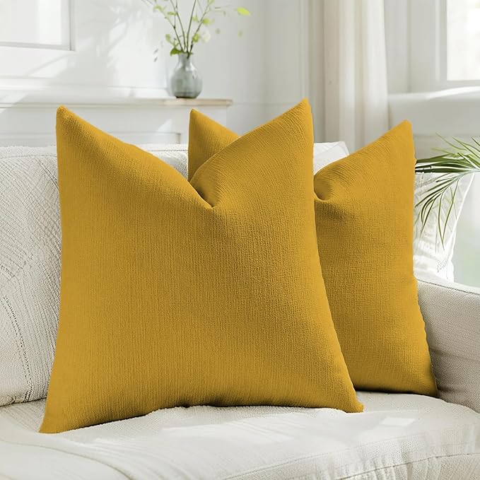 HAUSSY Mustard Yellow Throw Pillow Covers 20x20 Inch Set of 2,Boho Decorative Faux Linen Throw Pillows Cozy Farmhouse Accent Cushion Covers,Home Decor for Couch Sofa Bed Living Room