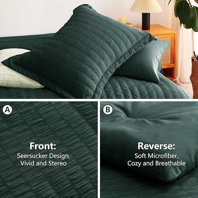 CozyLux Queen Comforter Set Forest Green Seersucker 7 Pieces Bed in a Bag Queen Comforter Set with Sheets, Luxury Bedding Sets with Down Alternative Comforter, Sheets, Pillowcases & Shams All Seasons