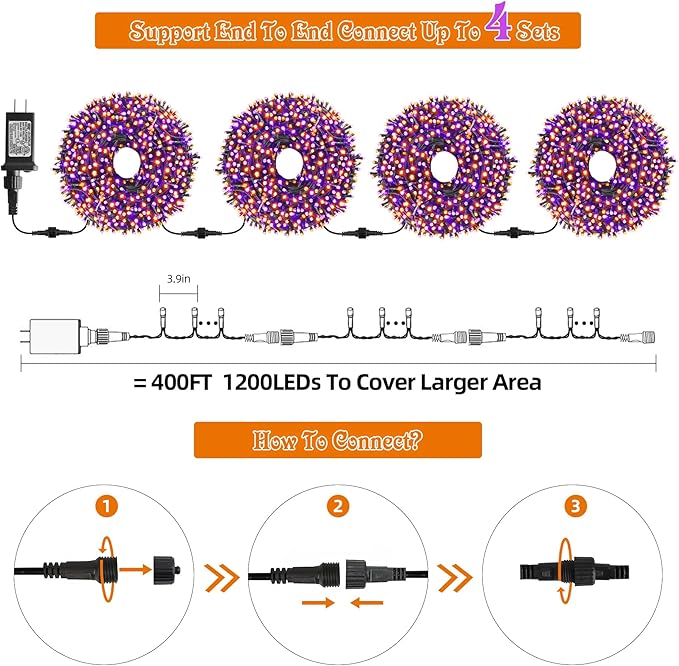 Orange Purple Halloween Lights Outdoor Indoor, 108FT 300 LED 2 Colors in 1 Christmas Lights, Fairy Lights, END to END Connect, Waterproof Halloween Decorations Decor Timer Remote (100% UL)
