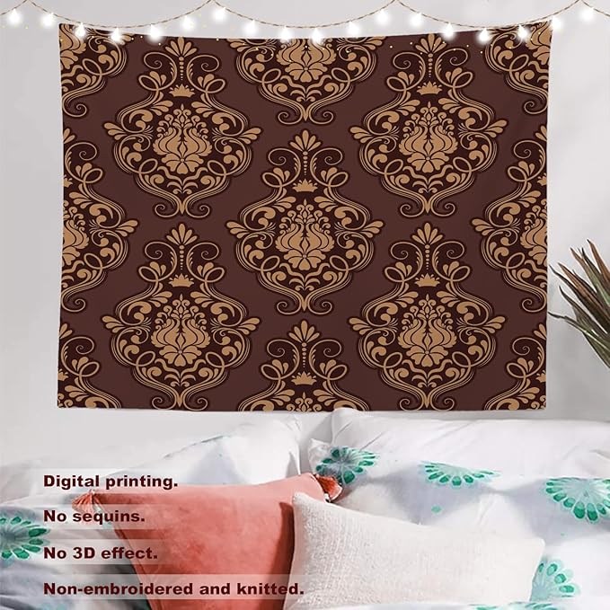 Batmerry Brown Damask Floral Tapestry, Vintage Golden Brown Damask Pattern Wall Art Hanging Decoration Polyester Fiber White Ruffled Around For Dorm Room Bedroom Living Room, 35 X 47 Inches
