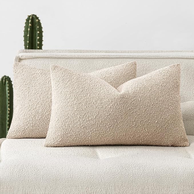 Woaboy Pack of 2 12x20 Inch Decorative Boucle Throw Pillow Covers Textured Lumbar Pillowcaes Accent Solid Cozy Soft Cushion Covers Home Decor for Sofa Couch Living Room Home Decor,Neutral