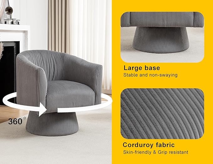 Swivel Accent Chair, Modern 360° Barrel Chair, Corduroy Upholstered Single Sofa for Living Room, Bedroom(Gray)