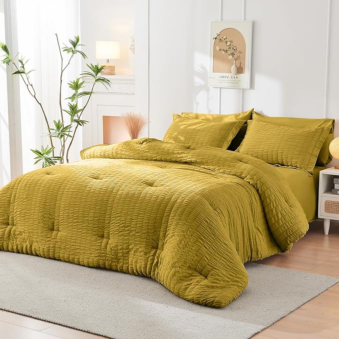 HYMOKEGE Mustard Yellow Full Size Comforter Sets Seersucker 7 Pieces, All Season Luxury Bed in a Bag for Bedroom, Bedding Set with Comforter, Sheets, Pillowcases & Shams