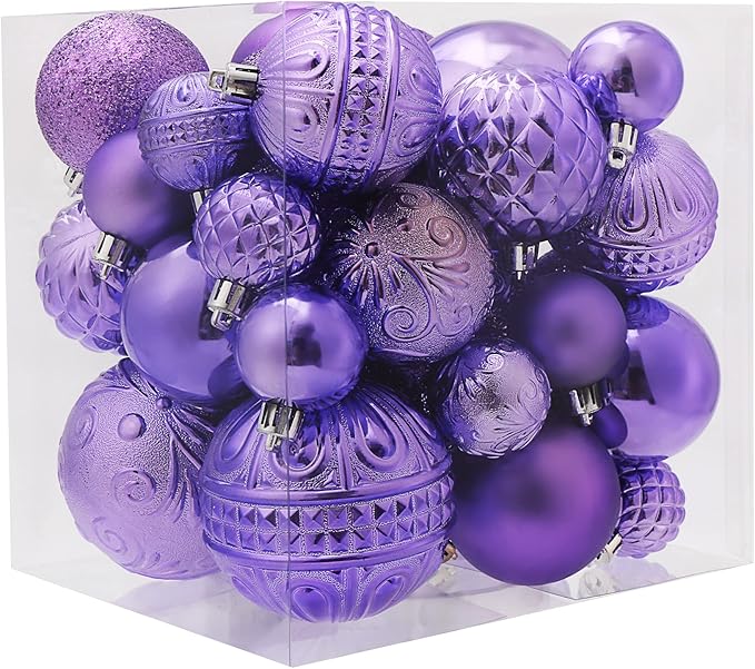 Christmas Ball Ornaments Light Purple Christmas Tree Decorations with Hang Rope-36pcs Shatterproof Christmas Ornaments Set with 6 Styles in 3 Sizes(Small Medium Large)