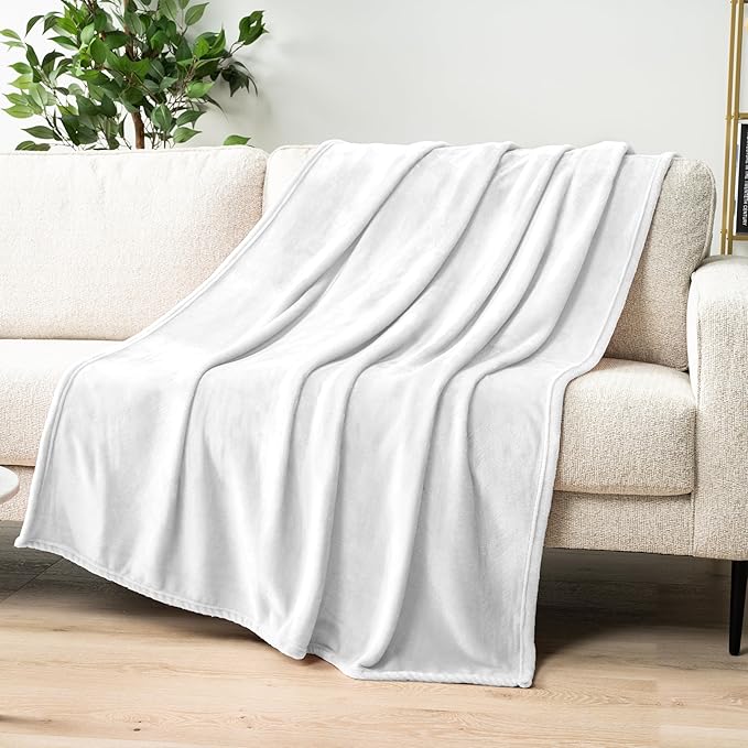 PAVILIA White Fleece Throw Blanket for Couch, Soft Fuzzy Flannel Throw for Sofa, Luxury Plush Microfiber Bed Blanket, Cozy Home Decorative Velvet Gift Blanket, 50x60