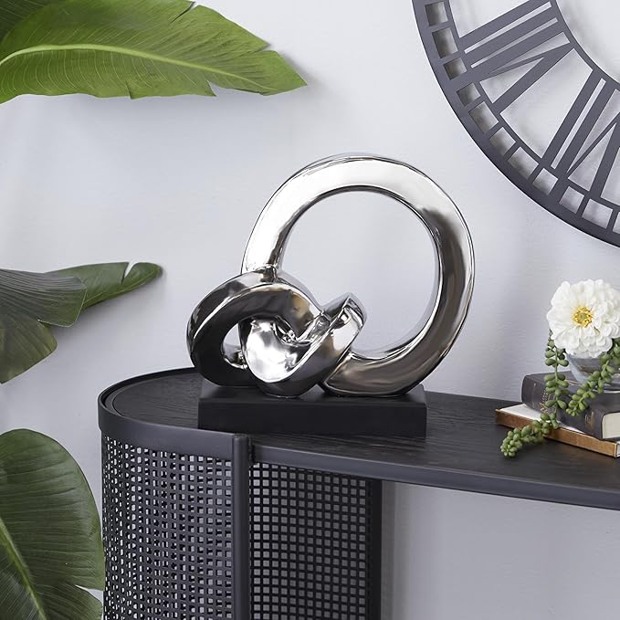 Deco 79 Polystone Abstract Decorative Sculpture Link Home Decor Statue with Black Base, Accent Figurine 12" x 5" x 12", Silver