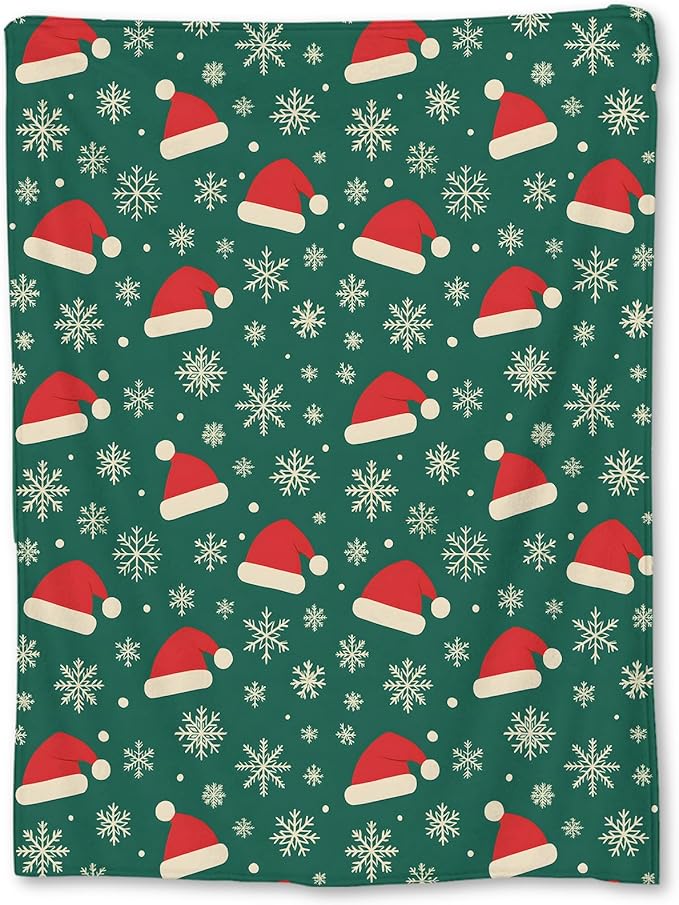 Christmas Santa Hats Blanket, Soft Lightweight Flannel Snowflakes on Green Background Throw Blanket for Couch, Bed, Travel & Decor Gifts, Cozy Warm Fuzzy Holiday Blankets for Women Girls Kids 60×50 in