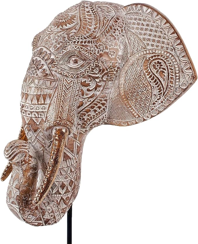 Elephant Head Statues Elephant-Shaped Decor Home Living Room Decor Sculpture Shelf Decorations Ornaments Office Figurine Desktop Accent Aesthetic Collectibles (White-Brown)