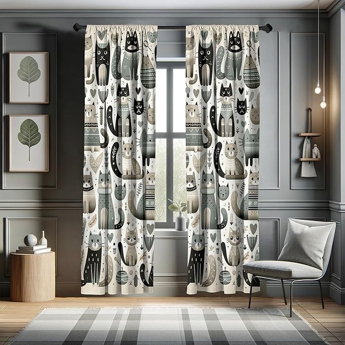 Ambesonne Cats Window Curtains Pack of 2, Modern Scandinavian Inspired Innocent Kitten Pattern with Leafy Details, Lightweight Set with Rod Pocket, 4 Panels of - 28" x 95", Pale Teal Pale Khaki Grey