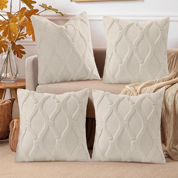 decorUhome Set of 4 Beige Throw Pillow Covers 18x18 Inch, Neutral Decorative Soft Plush Faux Wool Couch Pillow Covers, Farmhouse Pillow Cases for Living Room Bed Sofa