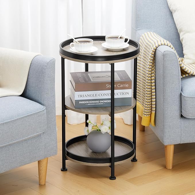 Dulcii Side Table, Round End Table with 3 Storage Shelves for Living Room, Bedroom, Nightstand with Steel Frame for Small Spaces, Industrial Round Sofa Table, Outdoor Accent Coffee Table, Oak