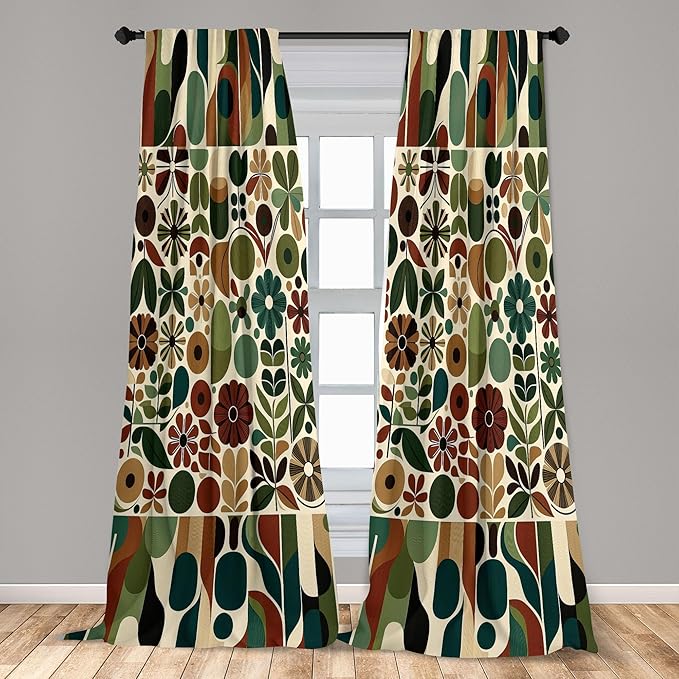 Ambesonne Scandinavian Window Curtains Pack of 2, Abstract Geometric Art of Leaves and Flowers with Bohemian Feel, Lightweight Set with Rod Pocket, 4 Panels of - 28" x 63", Olive Green Redwood Beige
