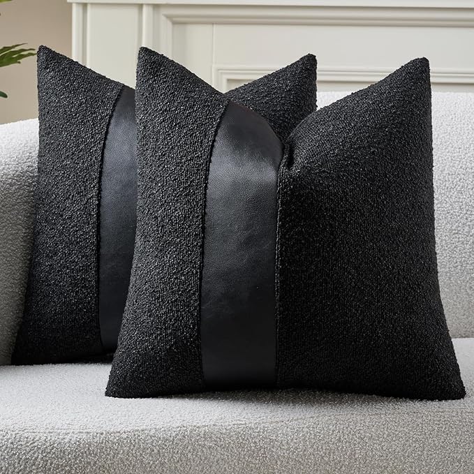 Pack of 2 Faux Leather Boucle Throw Pillow Covers 18"x18" Black Chic Accents Textured Square Decorative Pillow Cases for Living Room Couch Bed Farmhouse Boho Home Decor