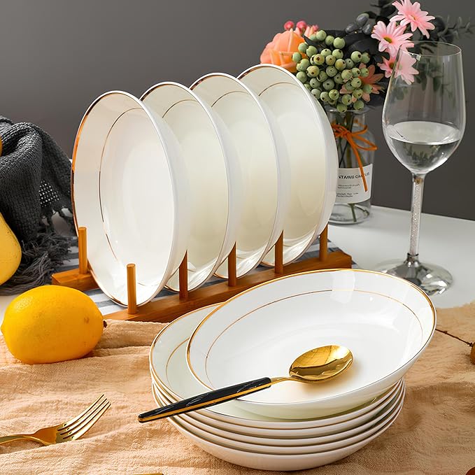 8 Inch Ceramic Dinner Plate with Gold Rim, Elegant White Porcelain Dinnerware for Pasta, Salad, Dessert, Dishwasher Safe, Wedding & Party Tableware - Set of 2