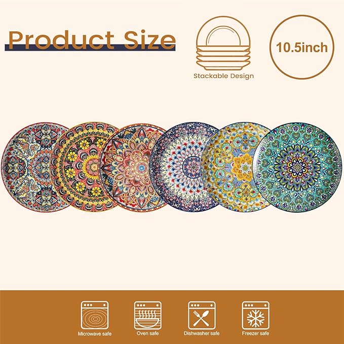 Dinner Plate Set of 6, 10.5-inch Large Plate for Dessert, Pasta, Salad, Ceramic Bohemian Dishes for Kitchen Microwave Dishwasher Safe