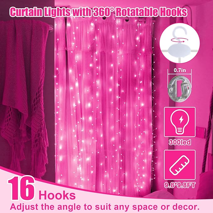 Pink Curtain Light for Bedroom, 300 LED 9.8ft x 9.8ft Window Fairy Curtain String Light with 16 Hooks, 8 Models Remote Control for Wedding Party Home Garden Indoor Decorations
