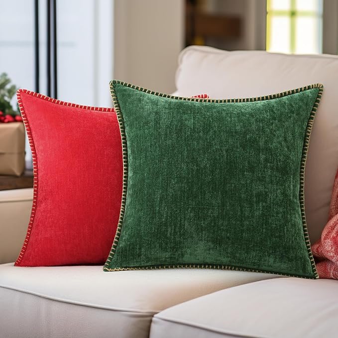 decorUhome Christmas Chenille Soft Throw Pillow Covers 26x26 Set of 2, Farmhouse Velvet Neutral Decorative Euro Pillow Covers with Stitched Edge for Couch Sofa Bed Home Decor, Green