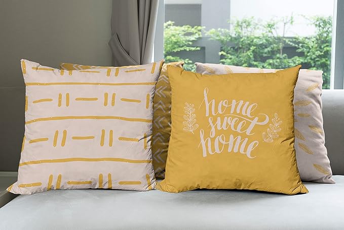 Ambesonne Modern Throw Pillow Cushion Case Pack of 4, Scandinavian Minimal Ornaments Boho Feather Leaves and Home Phrase, Modern Accent Double-Sided Digital Printing, 18", Pale Tan and Earth Yellow