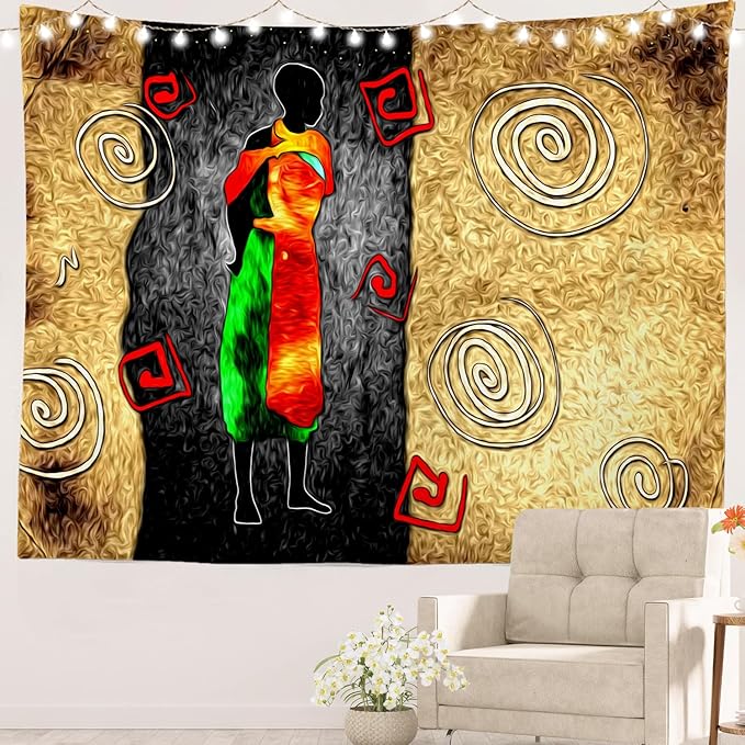 Batmerry African Ethnic Retro Tapestry, Vintage Motive Oil Landscape Fashion Wall Art Hanging Decoration Polyester Fiber White Ruffled Around For Dorm Room Bedroom Living Room, 35 X 47 Inches