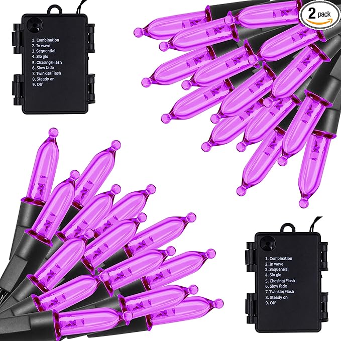 Twinkle Star 2 Pack Purple Halloween String Light, Battery Operated Lights 50 LED 16 FT String Light Waterproof Tree Lights with 8 Lighting Modes,Indoor Outdoor Patio Garden Halloween Decorations