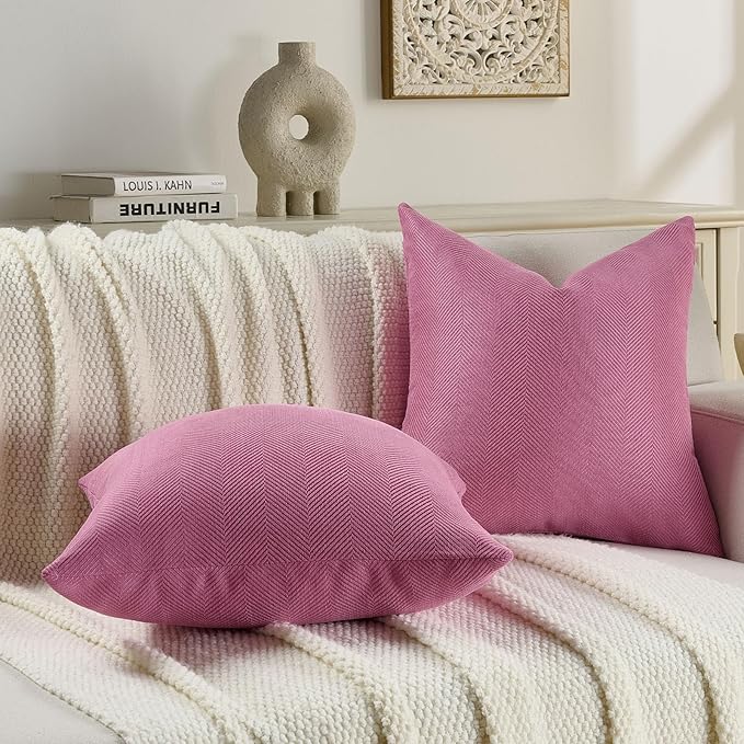 FUTEI Hot Pink Chenille Throw Pillow Covers 22x22 Inch Set of 2,Soft Wide Chevron Textured Cushion Case,Farmhouse Home Decor for Couch Living Room