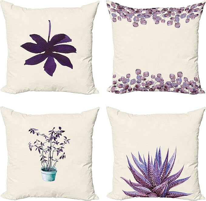 Ambesonne Botanical Throw Pillow Cushion Case Pack of 4, Minimalist Watercolor Painting Leaves Agave Branches Plant in a Pot, Modern Accent Double-Sided Digital Printing, 18", Quartz and Lavender