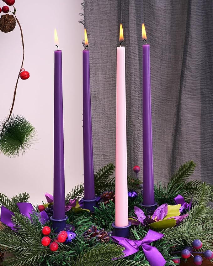 Viyffo Advent Taper Candles 12 Inch Purple & Pink 4 Pack – 9-Hour Burn Special Edition Unscented Dripless Smokeless Long Tapered Candlesticks for Church Services & Holiday Celebrations