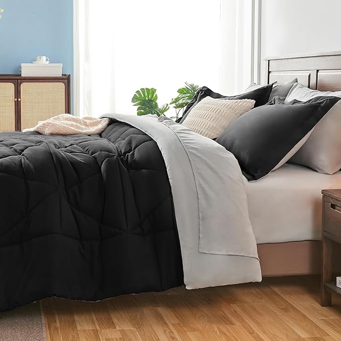 BEDELITE Twin Comforter Set 5 Pieces Bed in A Bag - Soft Microfiber Reversible Black Bed Set with Comforters, Sheets, Pillowcase & Sham, Cozy Luxury Bedding Sets for All Season