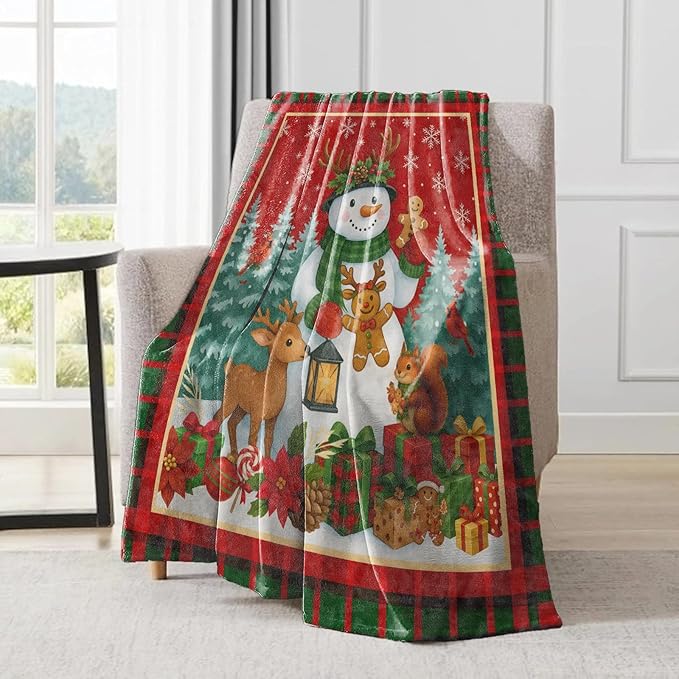 Snowman Christmas Decorative Throw Blanket, Red Green Plaid Border Print Decoration, Soft Flannel Cute Winter Blankets for Couch Sofa, Holiday Home Decor, Rustic Xmas Festival Gifts 60x80 Inch